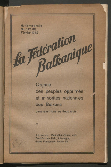 Une de La Fédération balkanique. Il y a peu de texte sur la page, principalement le titre et le sous-titre "Organe des peuples opprimés et minorités nationales des Balkans"