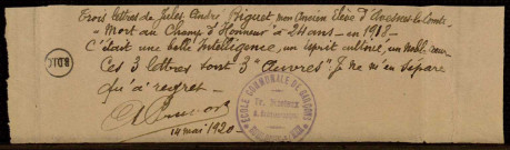 Trois lettres de Jules-André Riguet, ancien élève d'Avesnes le Comte.