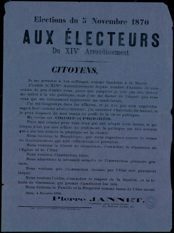 Aux électeurs du XIVe Arrondissement : Pierre Jannet