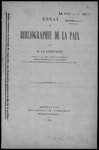 Essai de blibliographie de la Paix