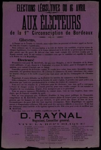 Aux électeurs de la 1re circonscription de Bordeaux : D. Raynal