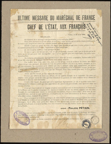 Ultime message du maréchal de France chef de l'Etat, aux Français