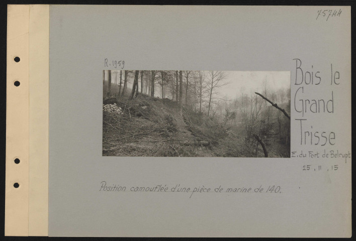Bois Le Grand Trisse (est du Fort de Belrupt). Position camouflée d'une pièce de marine de 140