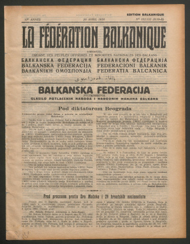 Avril 1930 - La Fédération balkanique