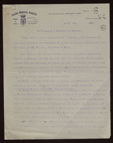 Boulogne sur Mer (62) : réponses au questionnaire sur le territoire occupé par les armées françaises et alliées