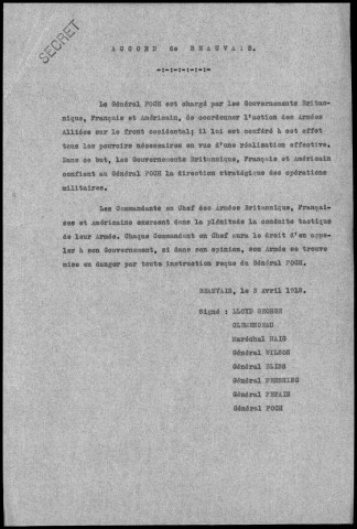 Conférence de Doullens, le 26 mars 1918 et de Beauvais, le 3 avril 1918. Sous-Titre : Conférences de la paix