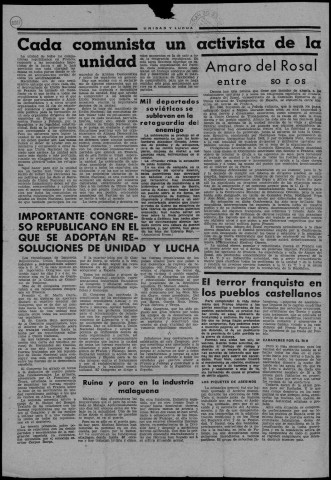 Unidad y lucha (1945 : n° 1-20 ; 22-24 ; 26-36 ; 38). Sous-Titre : boletin de informacion de todos los Españoles. Autre titre : Suite de : España populardevient : Mundo obrero