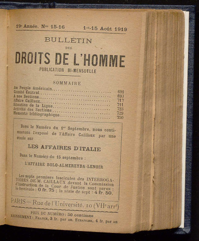 Août 1919 - Bulletin des Droits de l'Homme