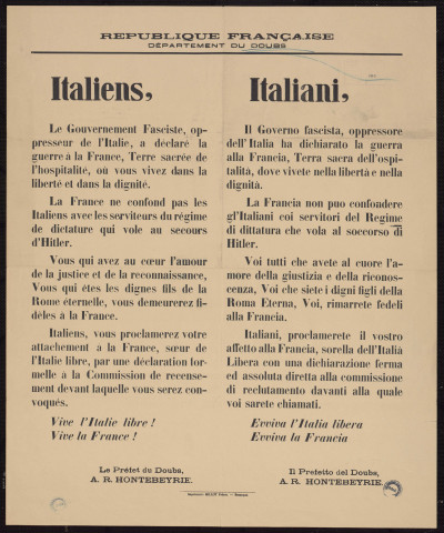 Italiens, le gouvernement fasciste, oppresseur de l'Italie, a déclaré la guerre à la France = Italiani, il governo fascista, oppressore dell'Italia ha dichiarato la guerra alla Francia