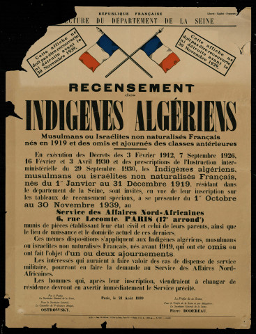 Recensement des indigènes algériens ... musulmans ou israélites non naturalisés français nés en 1919 et des omis et ajournés des classes antérieures