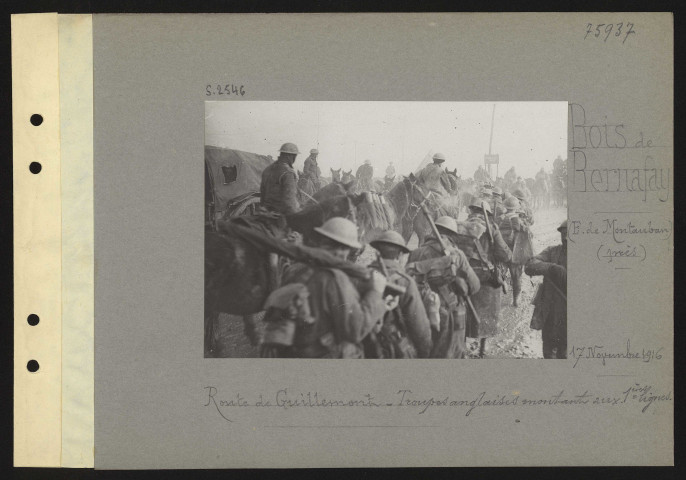 Bois de Bernafay (est de Montauban) (près). Route de Guillemont. Troupes anglaises montant aux premières lignes