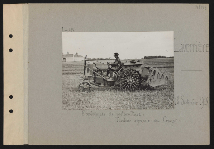 Laverrière. Expériences de motoculture : tracteur agricole du Creuzot