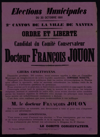 Élections municipales 2me canton de la ville de Nantes : Candidat du Comité Conservateur Docteur François Jouon