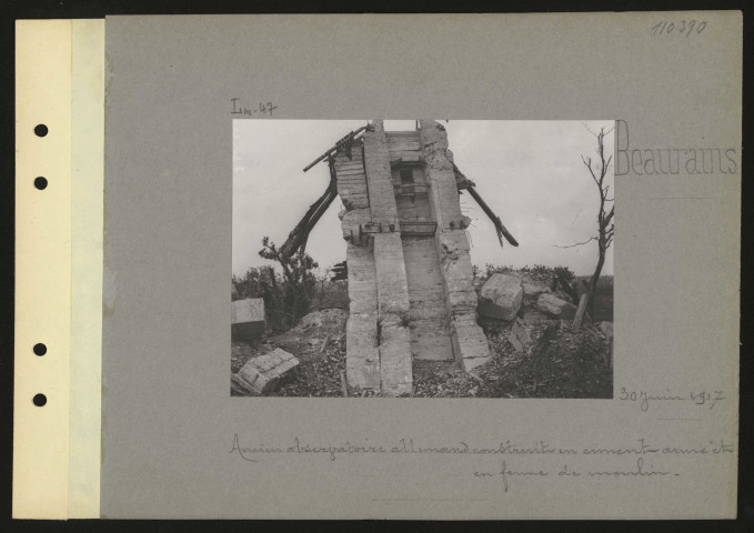 Beaurains. Ancien observatoire allemand construit en ciment armé et en forme de moulin