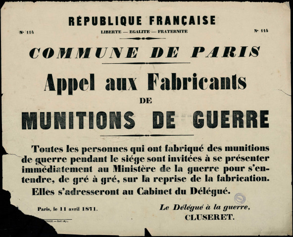 N°114. Appel aux fabricants de Munitions de Guerre