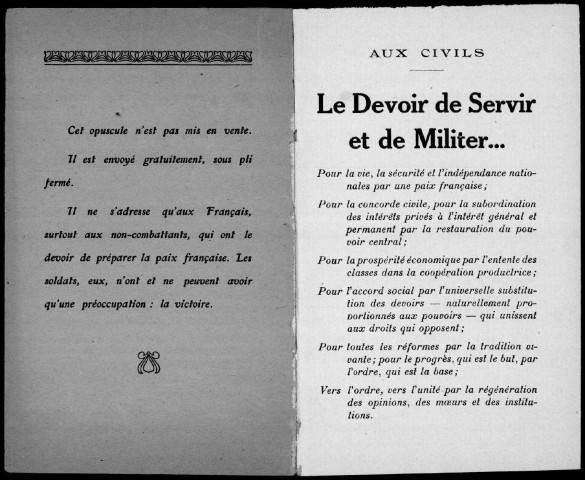 Aux civils. Sous-Titre : Le devoir de servir et de militer...