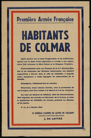 Habitants de Colmar : votre cité retrouve la Mère Patrie et le Drapeau Tricolore