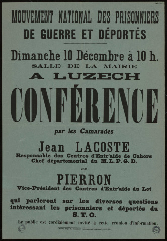 Conférence par les camarades Jean Lacoste... et Pierron