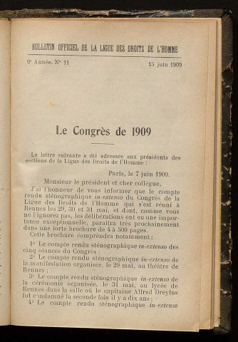Juin 1909 - Bulletin officiel de la Ligue des Droits de l'Homme