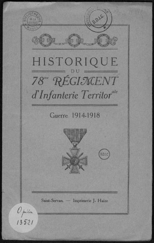 Historique du 78ème régiment territorial d'infanterie