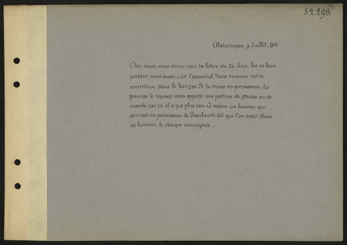 [Traduction de la lettre du 9 juillet 1916]
