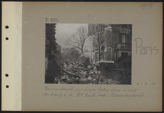 Paris. Bombardement par avions Gotha dans la nuit du 8 au 9.3.18. Boulevard Soult numéro 43. Maison bombardée