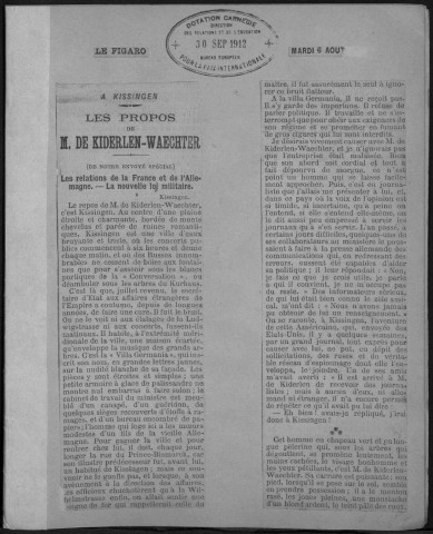 Coupures de presse. Articles de Georges Bourdon sur les relations franco-allemandes, 1912. Sous-Titre : Le Figaro