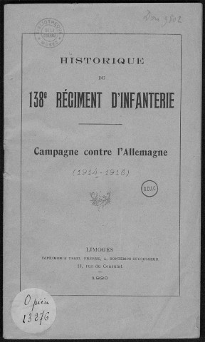 Historique du 138ème régiment d'infanterie