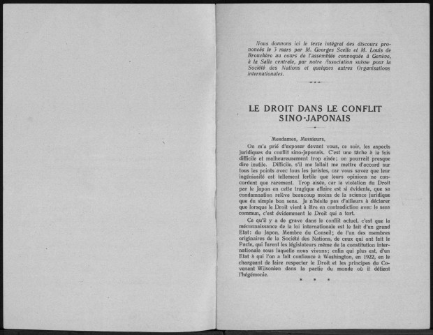 Le conflit sino-japonais. Sous-Titre : N°8 de la série en langue française des brochures de l'Association suisse pour la Société des Nations