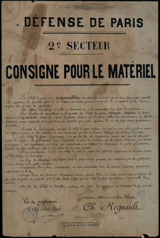 Défense de Paris : consigne pour le matériel