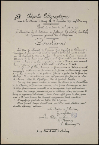 Dépêche télégraphique : les têtes de colonnes de l'ennemi sont signalées à Chauny, Compiègne et Provins…