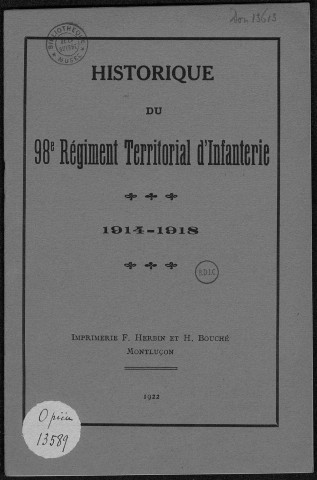 Historique du 98ème régiment territorial d'infanterie