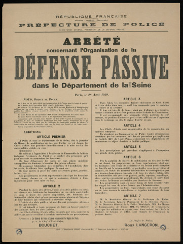 Arrêté concernant l'organisation de la défense passive dans le département de la Seine