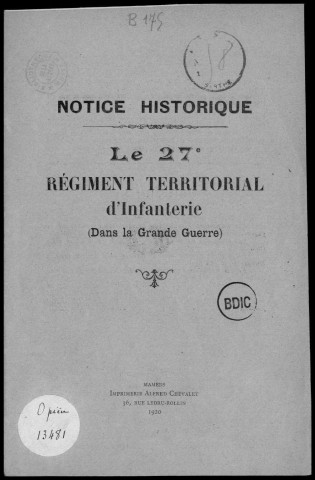 Historique du 27ème régiment territorial d'infanterie