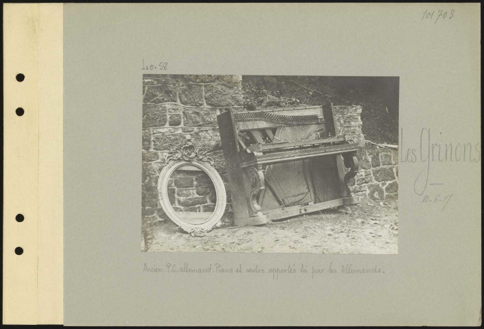 Les Grinons. Anciens poste de commandement allemand. Piano et cadre apportés là par les Allemands