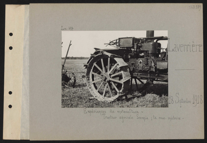Laverrière. Expériences de motoculture : tracteur agricole Scemia ; la roue motrice
