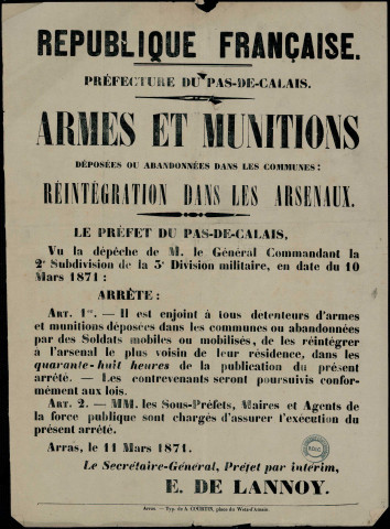 Armes et Munitions déposées ou abandonnées dans les communes : Réintégration dans les Arsenaux