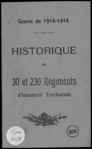 Historique du 30ème régiment territorial d'infanterie et du 230e régiment territorial d'infanterie France