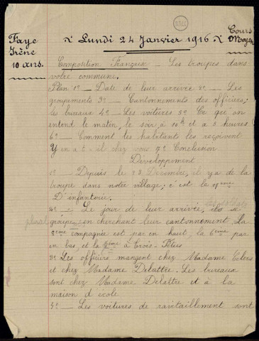 Incourt (62) école mixte : devoirs d'élèves rédigés aux cahiers de roulement de 1916 à 1919 (extraits)