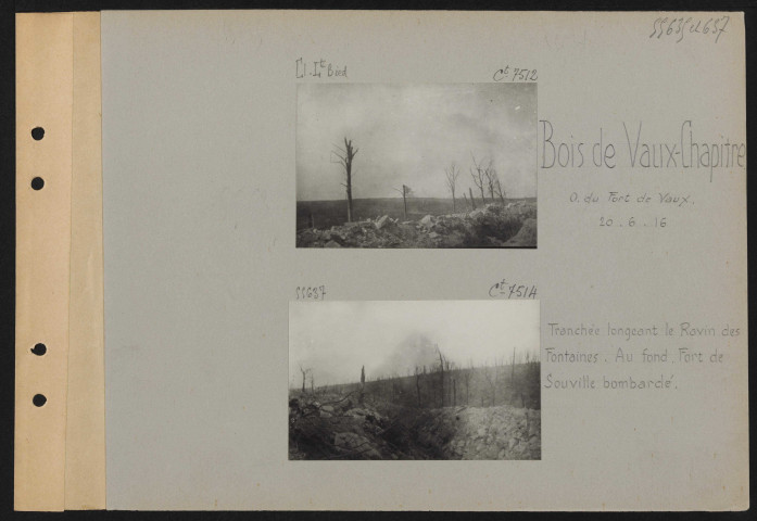 Bois de Vaux-Chapitre (ouest du Fort de Vaux). Tranchée longeant le Ravin des Fontaines. Au fond, Fort de Souville bombardé