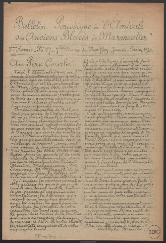 Bulletin périodique de l'Amicale des anciens blessés de Marmoutier : année 1921 fascicule 17-23