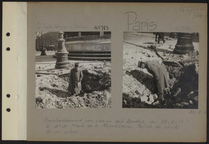 Paris. Bombardement par canon dit Bertha, du 23-3-18 à 13h15. Place de la République. Point de chute d'un obus