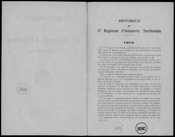 Historique du 17ème régiment territorial d'infanterie