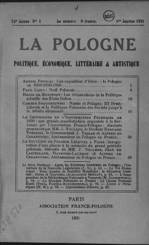 La Pologne politique, économique, littéraire et artistique (1931, n°1 - n°12)