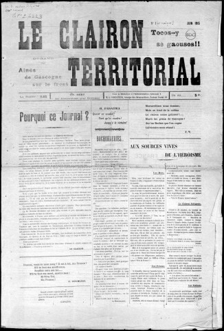 Le clairon territorial (1915), Sous-Titre : Organe des aînés de Gascogne sur le front