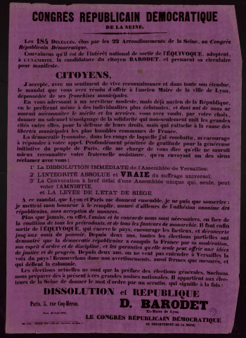 Congrès républicain démocratique de la Seine : Candidature du citoyen Barodet