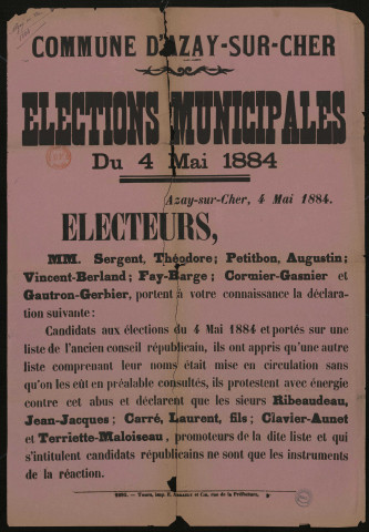 Élections Municipales du 4 mai 1884 : MM. Sergent Théodore Protestent