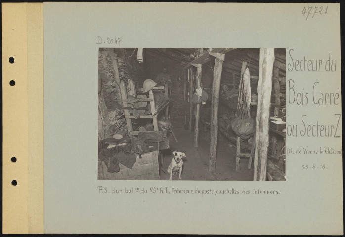 Secteur du Bois Carré ou Secteur Z (nord de Vienne-le-Château). Poste de secours d'un bataillon du 25e régiment d'infanterie. Intérieur du poste, couchettes des infirmiers