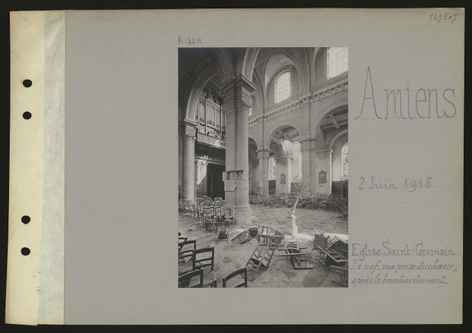 Amiens. Église Saint-Germain : la nef, vue prise du chœur, après le bombardement