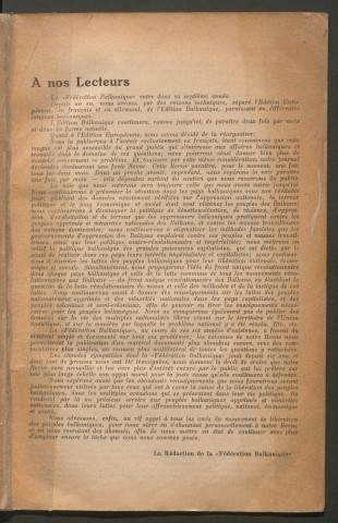 Novembre 1930 - La Fédération balkanique